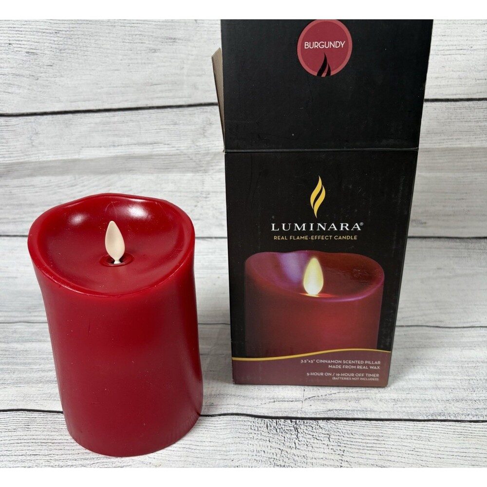 Luminara Cinnamon Scented Flameless Pillar Wax Candle Burgundy w Timer 3.5"x5"